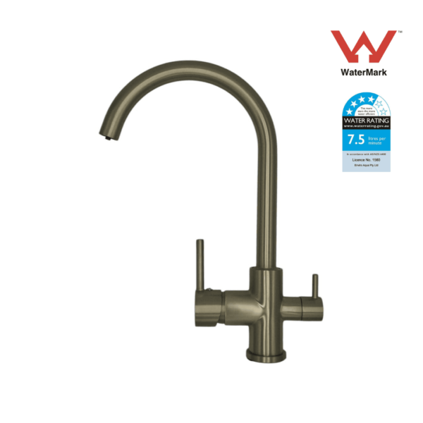 Luxurious brushed gold 3-way kitchen mixer tap designed for RO water filters, WELS rated and WaterMark certified