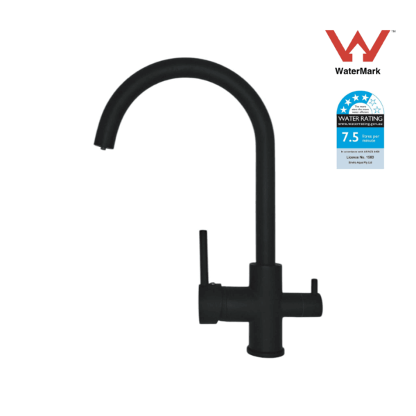 Black 3-way kitchen mixer tap compatible with RO water filters, WELS rated and WaterMark certified