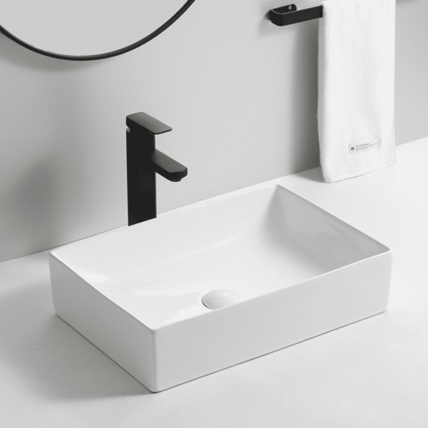 Ceramic Counter Top Wash Sink Rectangle Glossy White 50 cm Washbasin Bathroom