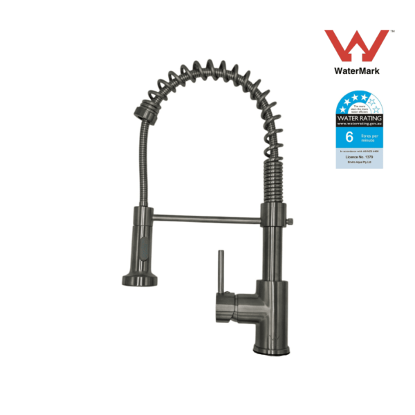 Brushed nickel spring-loaded kitchen mixer tap with pull-down spout, WELS 5-star rated (6L/min) and WaterMark certified, designed for modern kitchens.