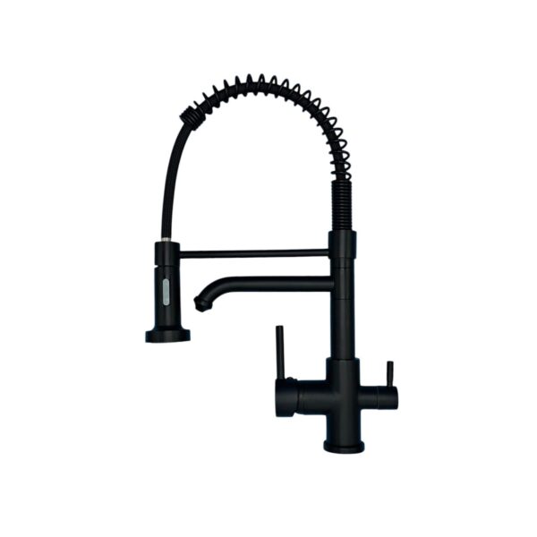 Front view of black brass 3-way kitchen tap with flexible pull-down sprayer.