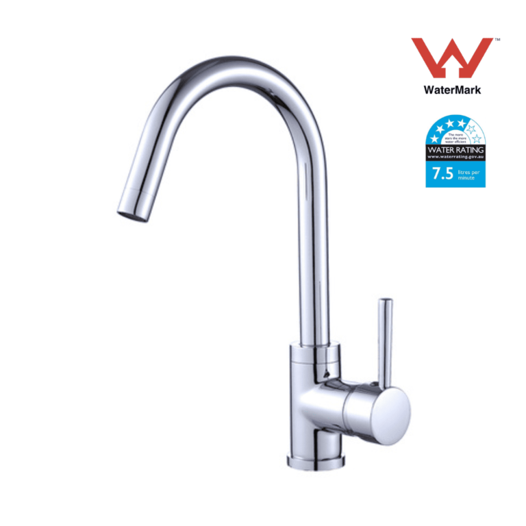 Sleek gooseneck kitchen mixer tap in polished chrome, featuring a 360° swivel spout, solid brass construction, and a single-lever handle for smooth water control.