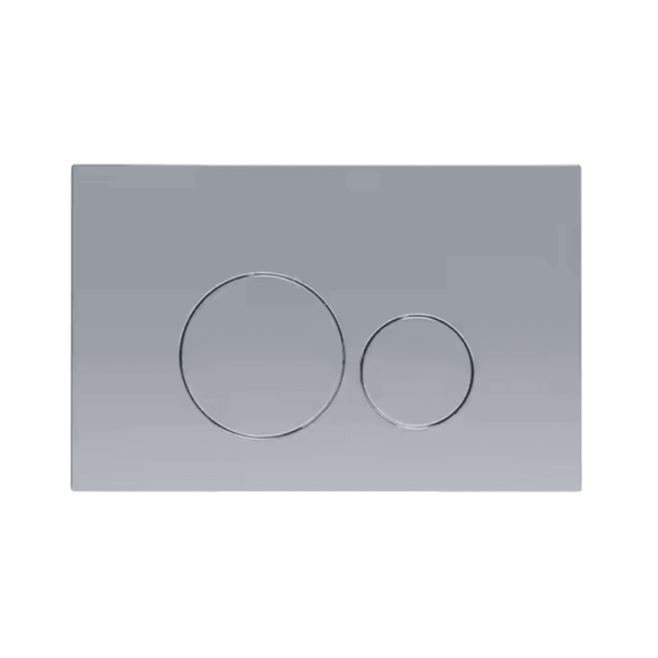 Sleek polished chrome in-wall dual flush toilet button faceplate, featuring a circular full and half flush button design for a modern concealed cistern setup.
