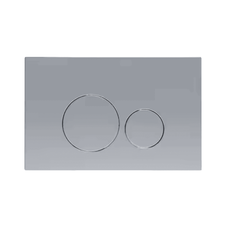 Sleek polished chrome in-wall dual flush toilet button faceplate, featuring a circular full and half flush button design for a modern concealed cistern setup.