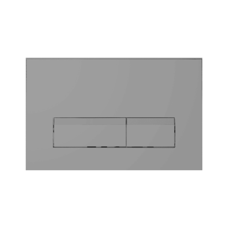 Polished chrome in-wall dual flush toilet button faceplate, featuring rectangular full and half flush buttons, designed for concealed cisterns with a stylish and reflective surface.