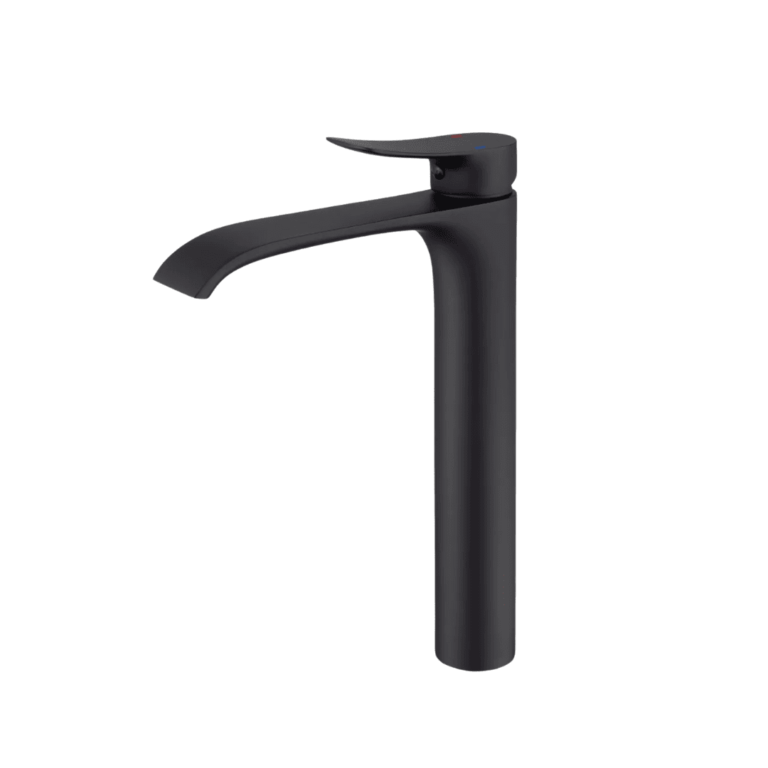 Tall 29cm round basin mixer tap in matte black, featuring a sleek, contemporary design, solid brass construction, and single-lever handle for smooth water flow control.