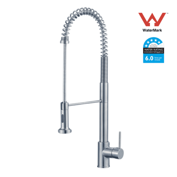 Tall spring-loaded kitchen mixer tap in polished chrome, featuring a pull-out spray head, flexible spring design, and solid brass construction for durability and convenience.
