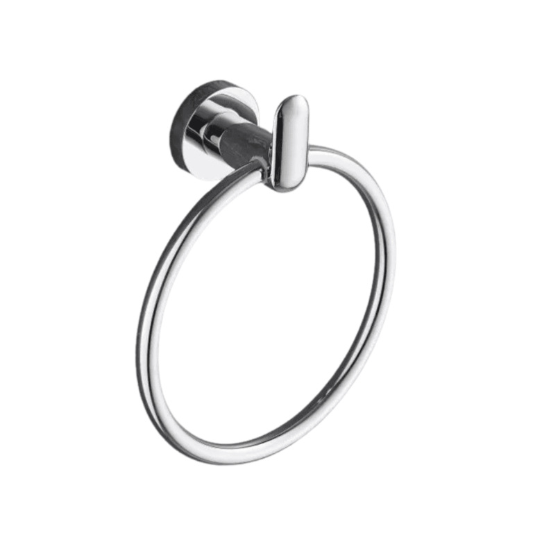 Wall-mounted round towel ring in polished chrome, featuring a sleek circular design, ideal for modern and minimalist bathroom spaces.