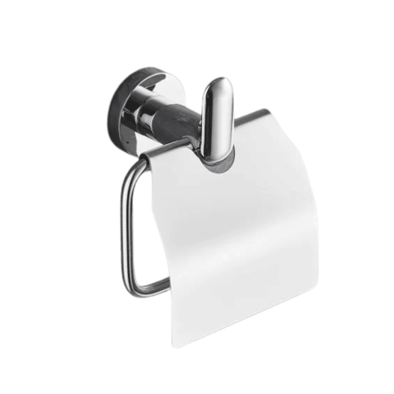 Wall-mounted toilet paper holder with cover in polished chrome, featuring a sleek and protective design for a modern bathroom.