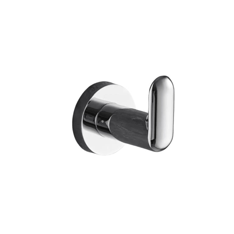 Wall-mounted towel and robe hook in polished chrome, featuring a sleek and compact design, perfect for modern bathrooms, bedrooms, and laundry rooms.